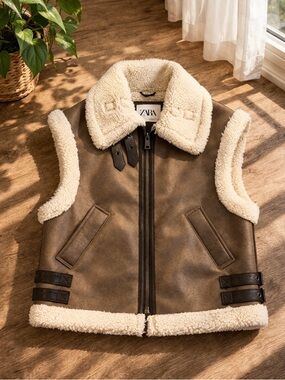 Zara Faux Shearling Aviator Moto Vest Buckle Trim Cream Brown Size S